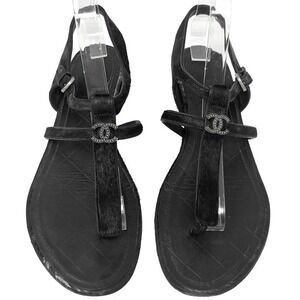 Chanel Black‎ T Strap Flat Sandals CC Logo Pony Hair 37.5 Italy